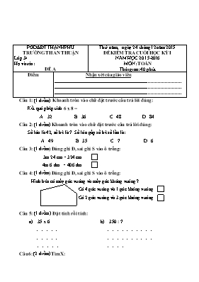 2 Đề kiểm tra cuối học kỳ I môn Toán Lớp 32 - Năm học 2015-2016 - Trường TH An Thuận